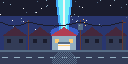 A beam of light rises from one garage while every other house on the street is dark