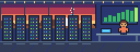 Pixel-art desert data center: rows of server racks under warm lights and a green revenue chart