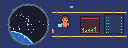 Pixel-art space station with a round window onto Earth and the founder floating beside a console