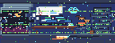 The garage lab glitching: scanlines and stray pixels break up the scene